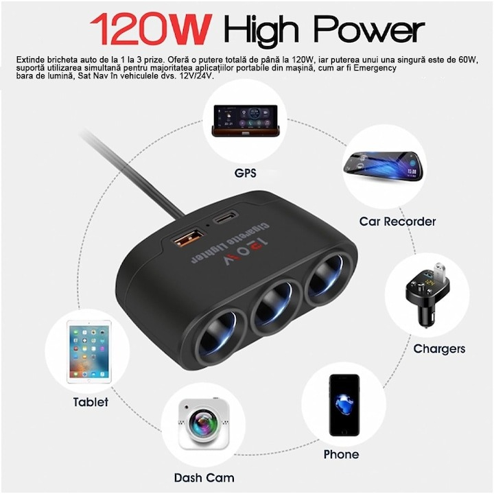 Multiplicator bricheta auto, 3 iesiri, 1 x USB, 1 x USB-C, 120 W, 12 - 24V, negru [4]