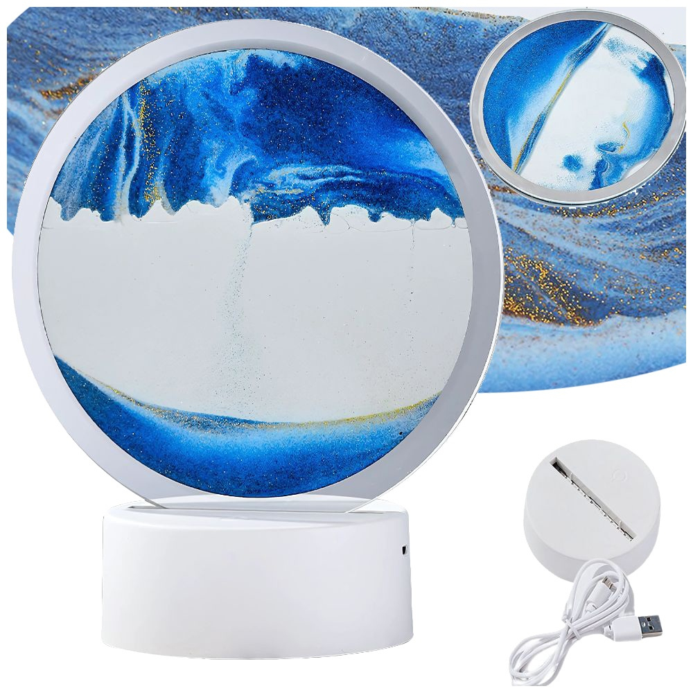 Lampa decorativa tip clepsidra cu efect 3D de nisip in miscare, LED, albastru, alimentare USB sau 3 baterii AA, baza alba, diametru 16 cm [16]