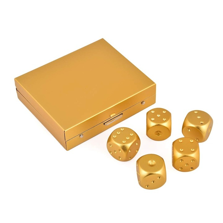 Set 5 zaruri, aliaj de aluminiu, pentru jocuri de noroc sau de societate, 16 mm, auriu, cutie inclusa [3]