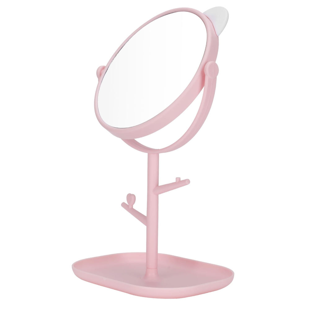 Oglinda cosmetica, model cu urechi, rotativa 360°, diametru 15 cm, plastic, suport pentru bijuterii, 30 x 16.5 cm, alb/roz [10]