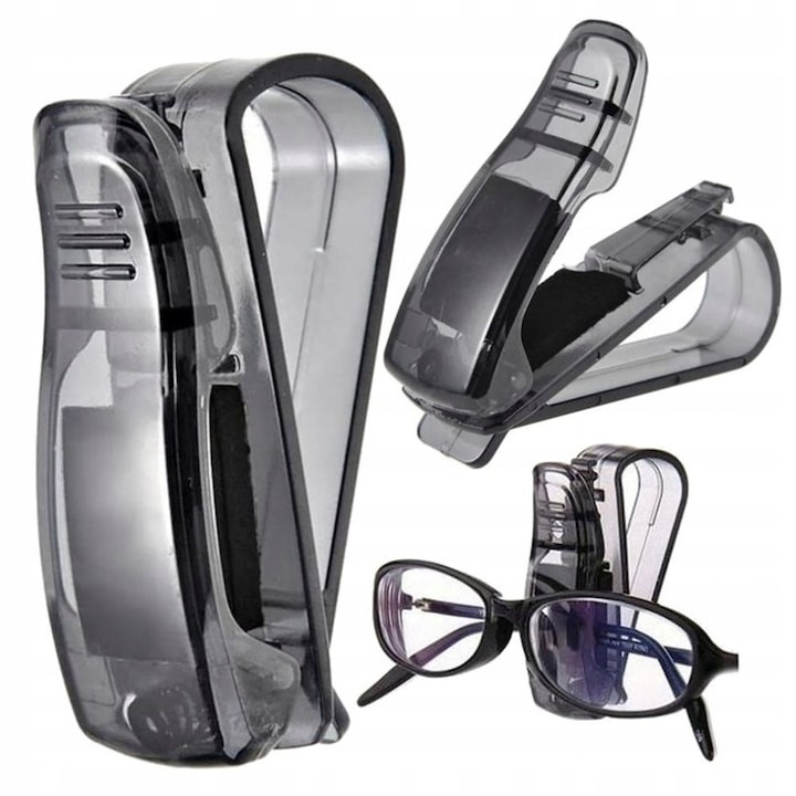 Suport auto pentru ochelari, montare pe parasolar, plastic, prindere cu clema, 2.9 x 7.5 x 2.5 cm, negru [11]