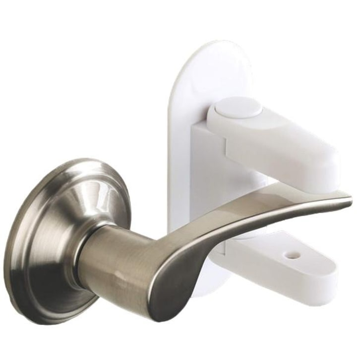 Set 2 bucati sistem de siguranta pentru copii, blocare maner, ABS, autoadeziv, montare pe usi, ferestre, 12 x 5 x 7.5 cm, alb [3]