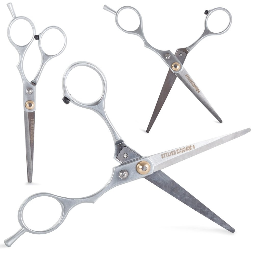 Foarfeca de tuns pentru coafura si frizerie, otel inoxidabil, 15 cm, design ergonomic, surub reglabil, lame 5.6 cm, ideala pentru incepatori, argintiu cu detalii aurii [15]