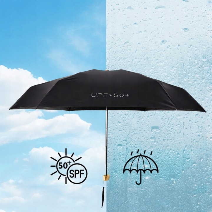 Umbrela, protectie UPF 50+, pliabila, diametru 88 cm, inaltime 58 cm, universala, compacta, constructie solida, husa inclusa, negru [8]