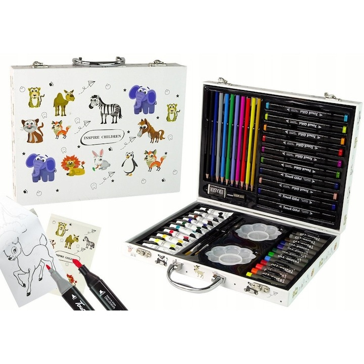 Set de pictura si desen pentru copii, 68 piese, valiza pentru depozitare, carte de colorat, ascutitoare, radiera, markere, pensule, creioane, palete pentru amestecarea culorilor, acuarele, multicolor [9]