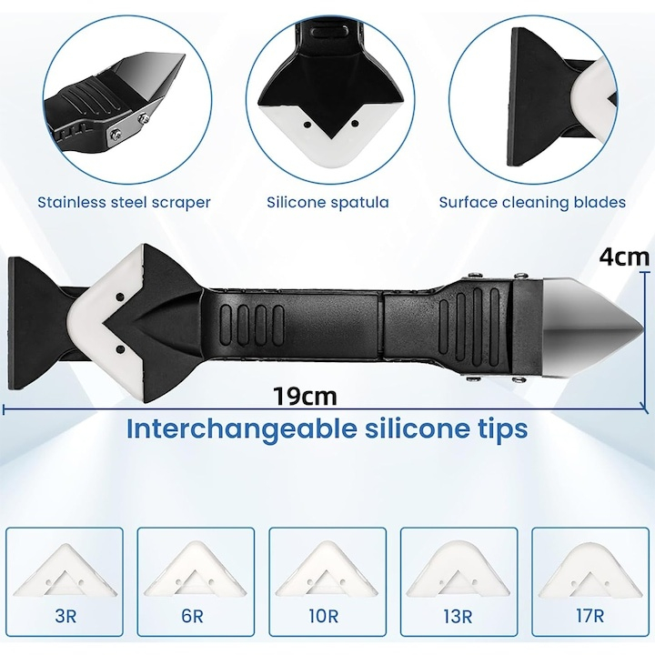 Racleta pentru indepartare silicon, multifunctionala, 5 capete interschimbabile, plastic/otel inoxidabil, 18.5 x 4 cm, negru [10]