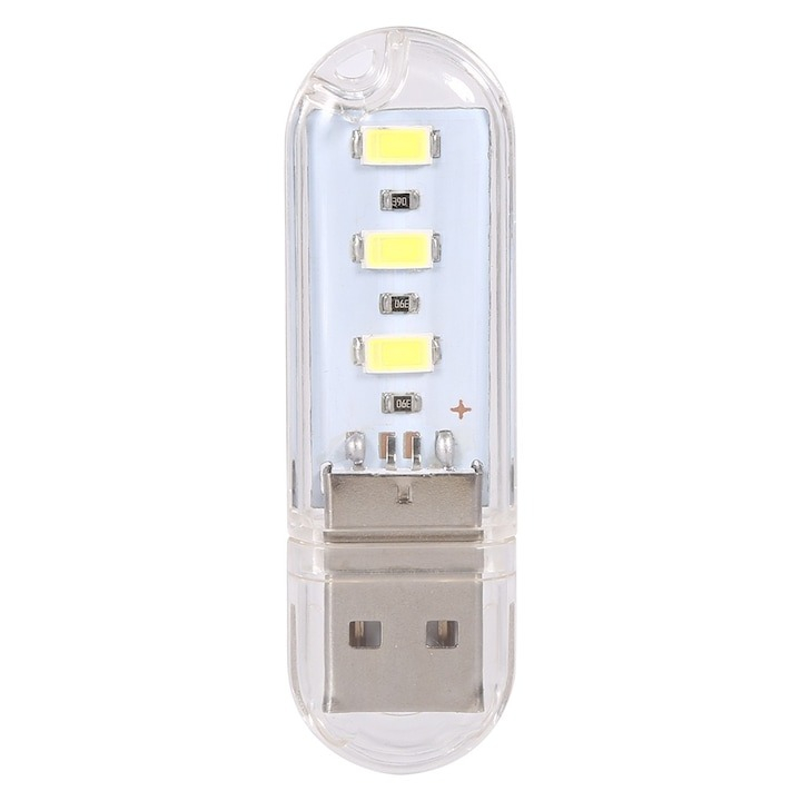 Mini lampa USB cu 3 LED-uri, portabila, lumina calda, carcasa transparenta [2]