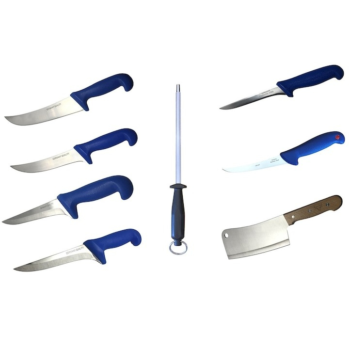 Pachet profesional pentru macelarie, 8 piese, 6 cutite + masat pentru ascutit + satar