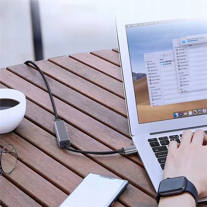 Adaptor Ethernet RJ45 la USB-C, indicator LED, 10/100/1000 Mbps, Plug&Play, aluminiu, pentru tableta, PC, laptop, argintiu [12]