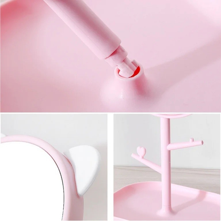 Oglinda cosmetica, model cu urechi, rotativa 360°, diametru 15 cm, plastic, suport pentru bijuterii, 30 x 16.5 cm, alb/roz [16]
