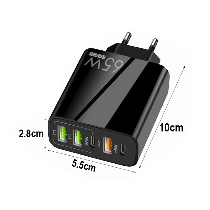 Incarcator cu 5 porturi, 2 x Type-C, 3 x USB, incarcare rapida, 65 W, universal, negru [8]