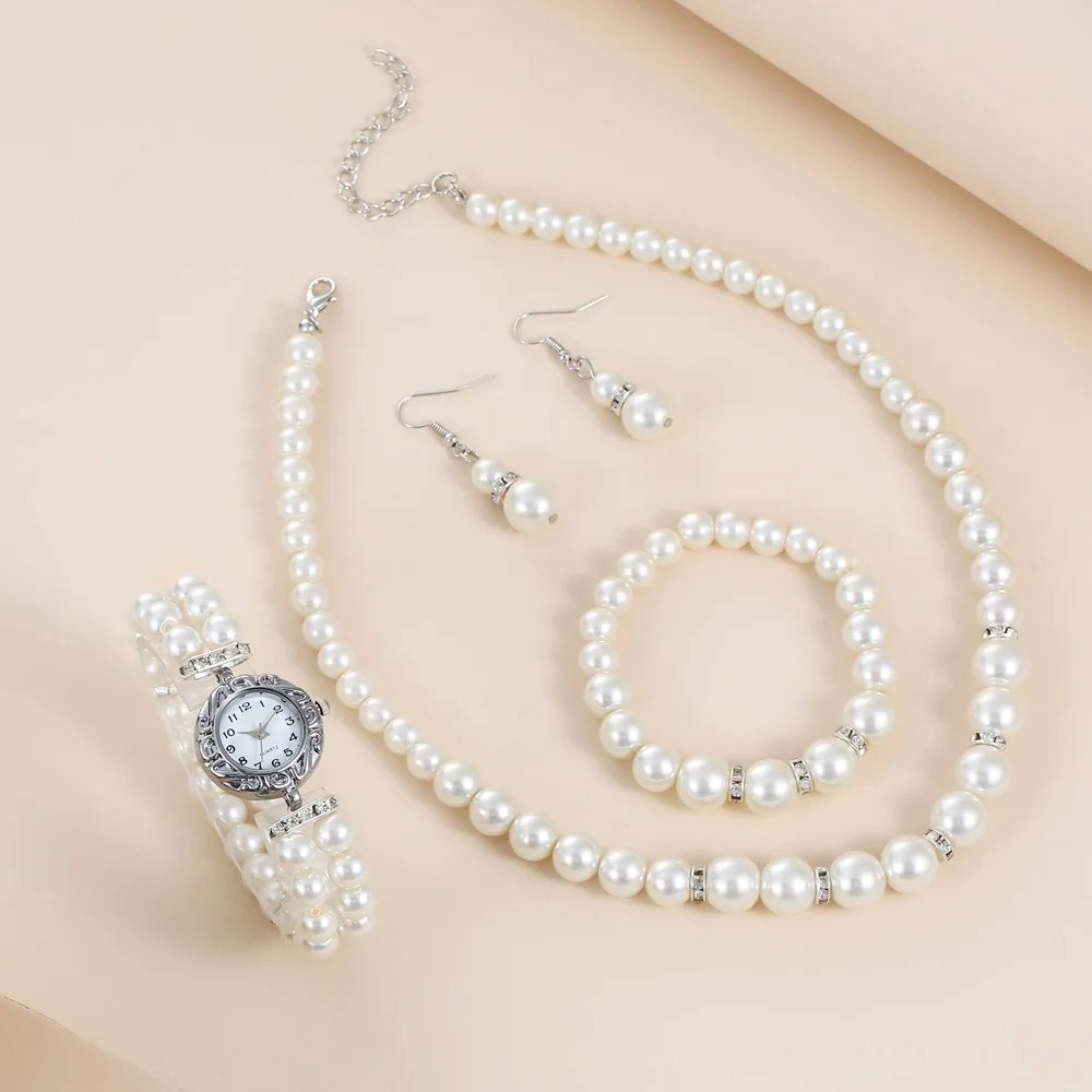 Set bijuterii dama, ceas, cercei, bratara, colier, perle, alb, cutie inclusa [2]