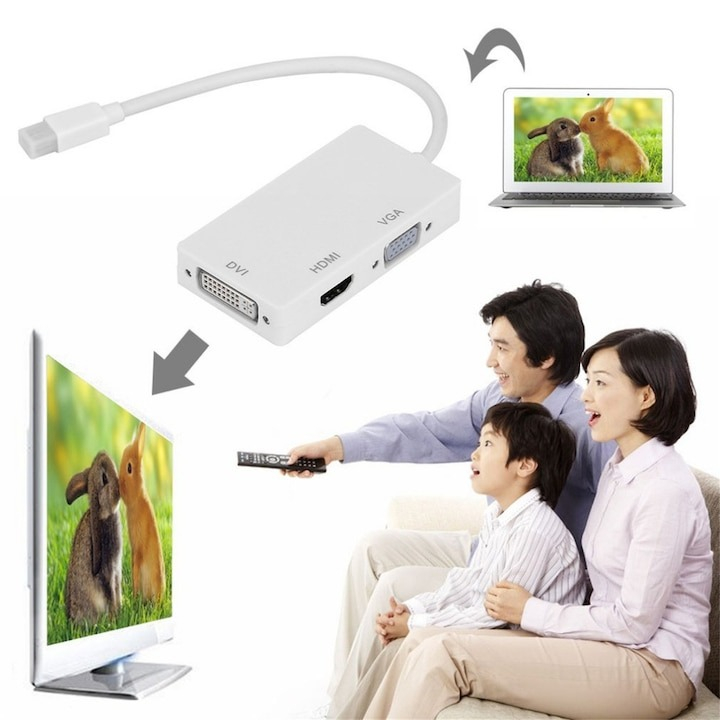 Adaptor hub 3 in 1, MiniDisplayPort la /DVI/VGA/HDMI, pentru TV, laptop, proiector, 27 cm, alb [8]