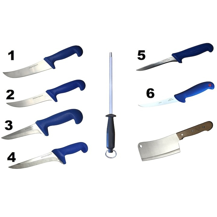 Pachet profesional pentru macelarie, 8 piese, 6 cutite + masat pentru ascutit + satar [2]