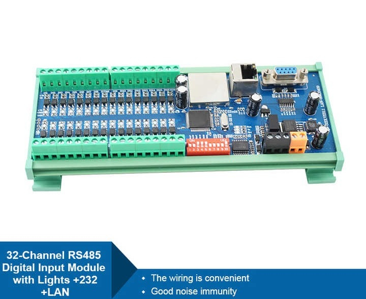 Modul 32 canale Ethernet Input, alimentare 24V DC, Port comunicatie RS485, RS232, Ethernet RJ45, protocol Modbus RTU/TCP, suport monare pe sina, ABS, multicolor, extensie pentru PLC. [3]