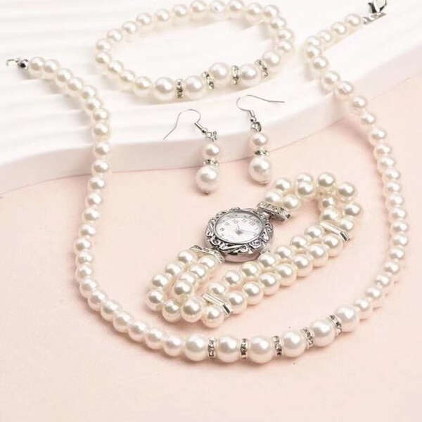 Set bijuterii dama, ceas, cercei, bratara, colier, perle, alb, cutie inclusa [8]
