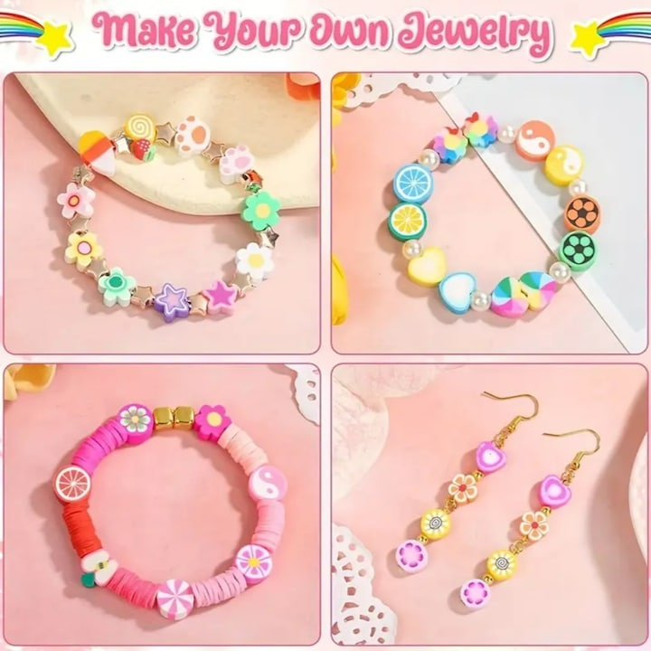 Set creatie bijuterii pentru copii, bratari, cercei, coliere, 480 margele, 24 modele, 2 role snur, 13 x 19 x 2 cm, multicolor [3]