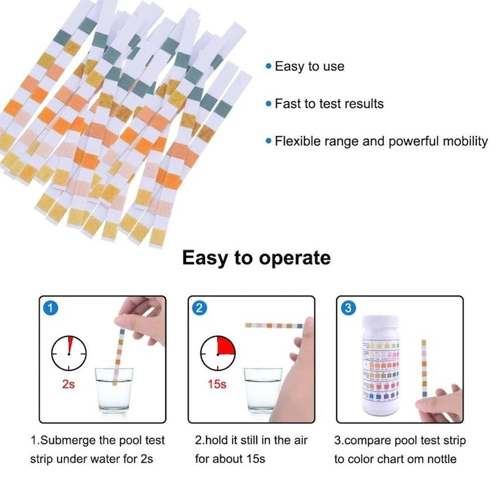 Set de 50 de benzi pentru testarea apei, efectueaza 6 teste simultan, duritate, acid cianuric, alcalinitate, PH, clor liber, clor total [2]