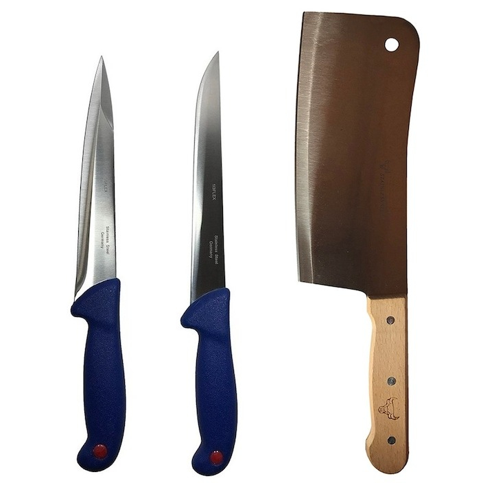 Set profesional de macelarie, injunghiat, filetat, feliat, satar, 2 cutite