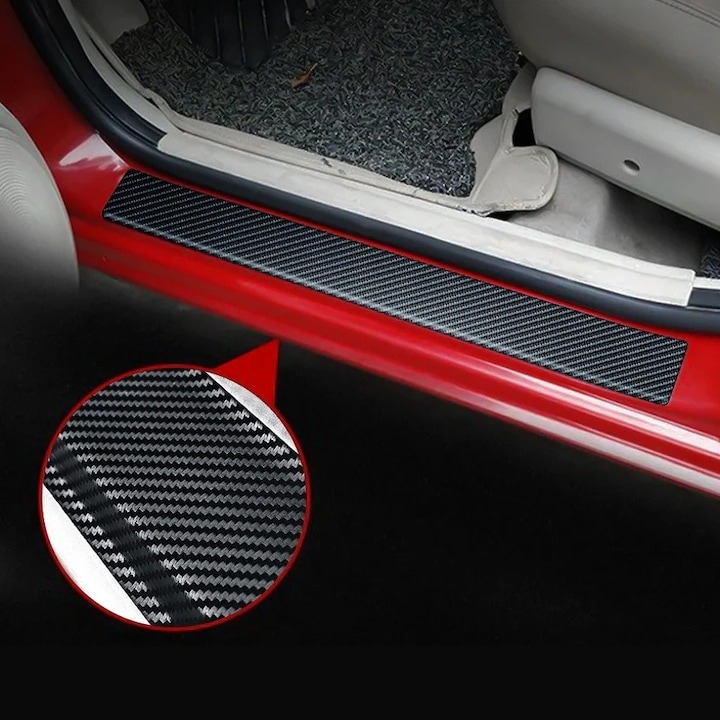 Set 4 benzi de protectie praguri auto, carbon, universal, racleta inclusa, 6.8 x 40/60cm, negru [10]