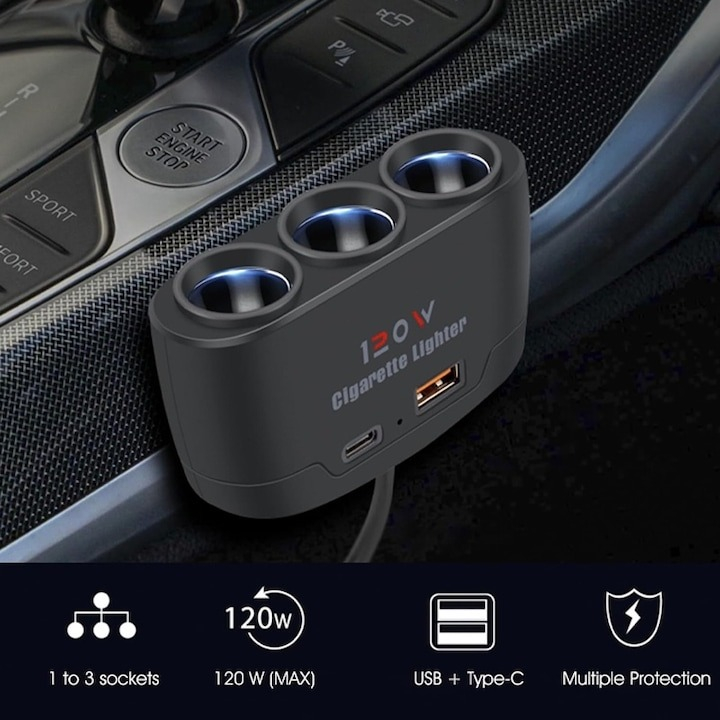 Multiplicator bricheta auto, 3 iesiri, 1 x USB, 1 x USB-C, 120 W, 12 - 24V, negru [3]