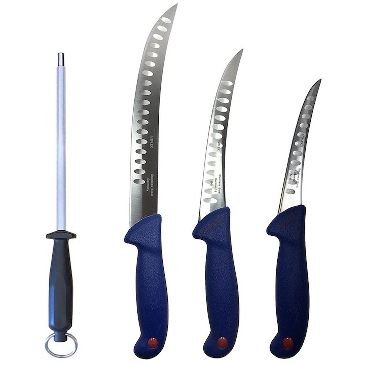 Set cutite profesionale de macelarie, transat, dezosat, filetat, 3 cutite, masat pentru ascutit, otel carbon [1]