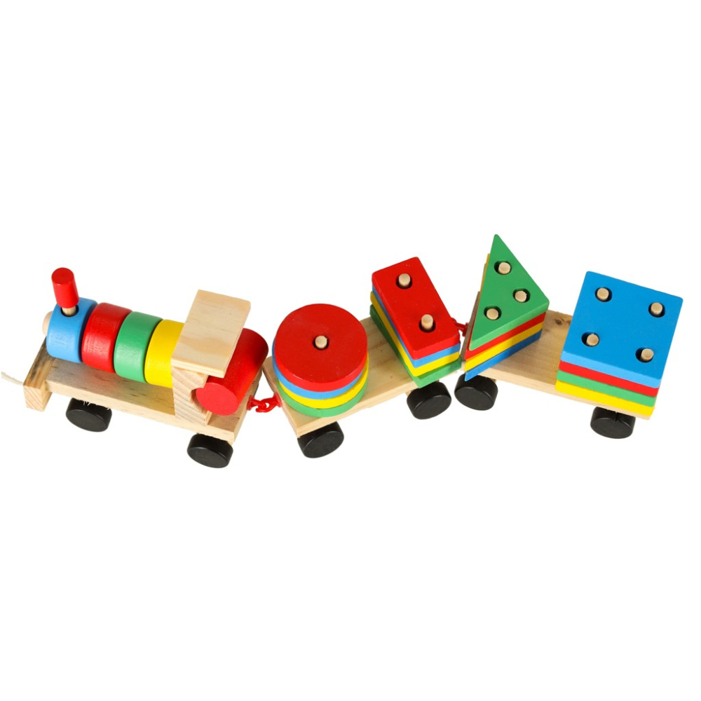 Trenulet de jucarie, locomotiva cu 2 vagoane, lemn, forme geometrice, 30 x 9 x 6 cm, multicolor [8]