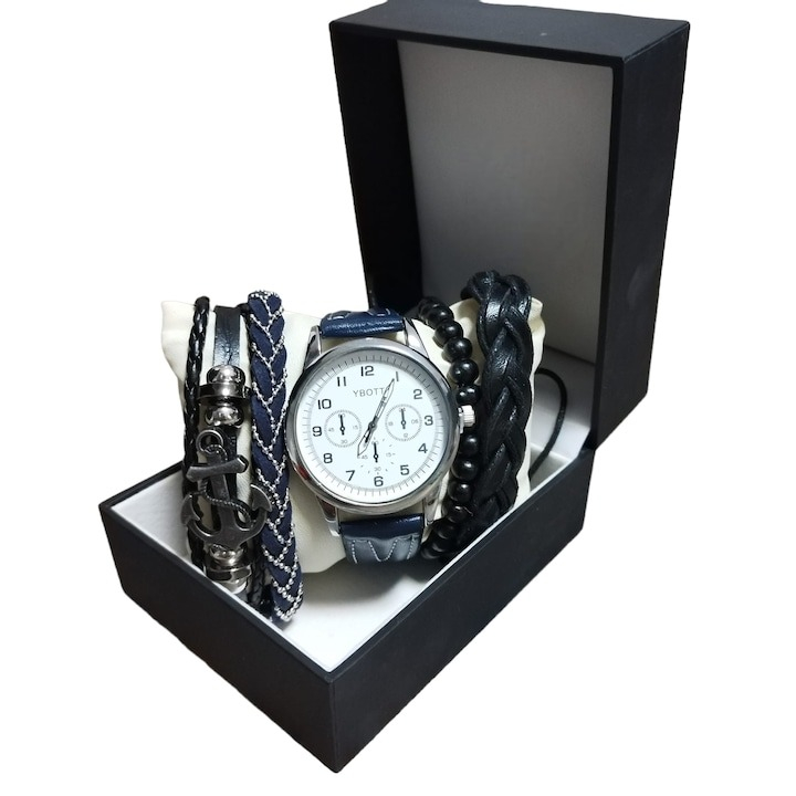 Set bijuterii pentru barbati, ceas, 4 bratari, albastru/negru, cutie inclusa [2]
