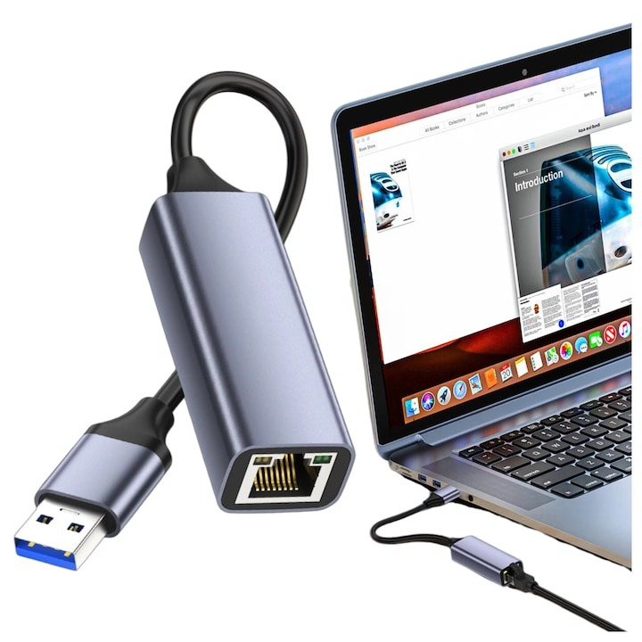 Adaptor USB–RJ45, Ethernet, 1000 Mbps, USB 3.0/2.0, Plug&Play, aluminiu, pentru tableta, PC, laptop, argintiu, 2.3 x 15.8 cm [4]