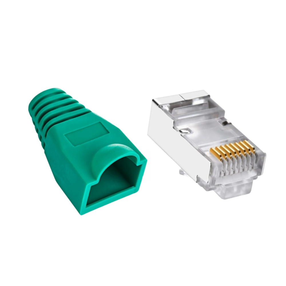 Set 100 x mufa ecranata + manson de protectie, RJ45, CAT5 CAT6, 8 pini 8P8C, verde