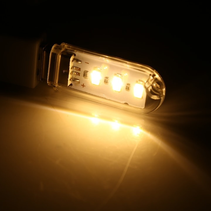 Mini lampa USB cu 3 LED-uri, portabila, lumina calda, carcasa transparenta [4]