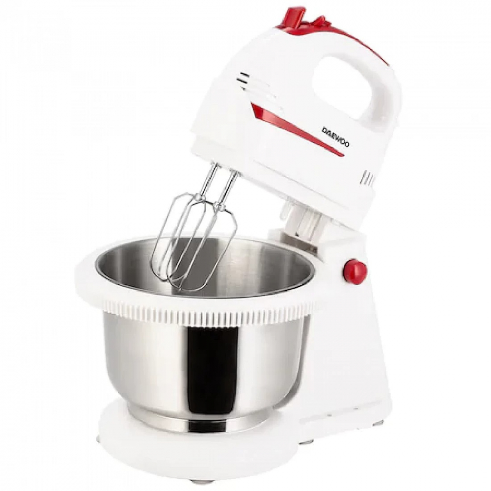 Mixer cu bol Daewoo DHM100W, 300 W, bol inox rotativ, capacitate bol 2 l, functie Turbo, 5 viteze, accesoriu framantare, palete amestecare, Alb