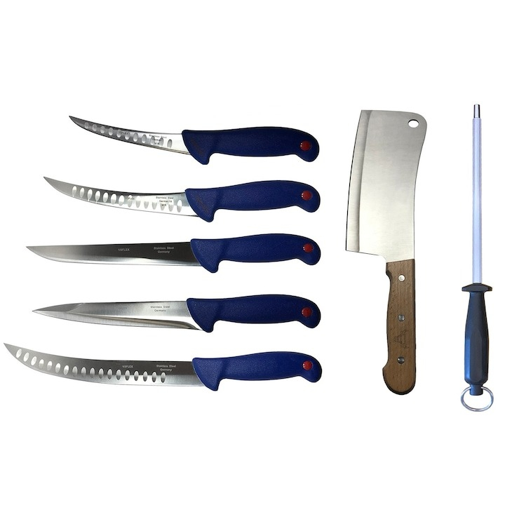 Pachet profesional pentru macelarie, dezosat, injunghiat, transat, filetat, 5 cutite, masat pentru ascutit, satar