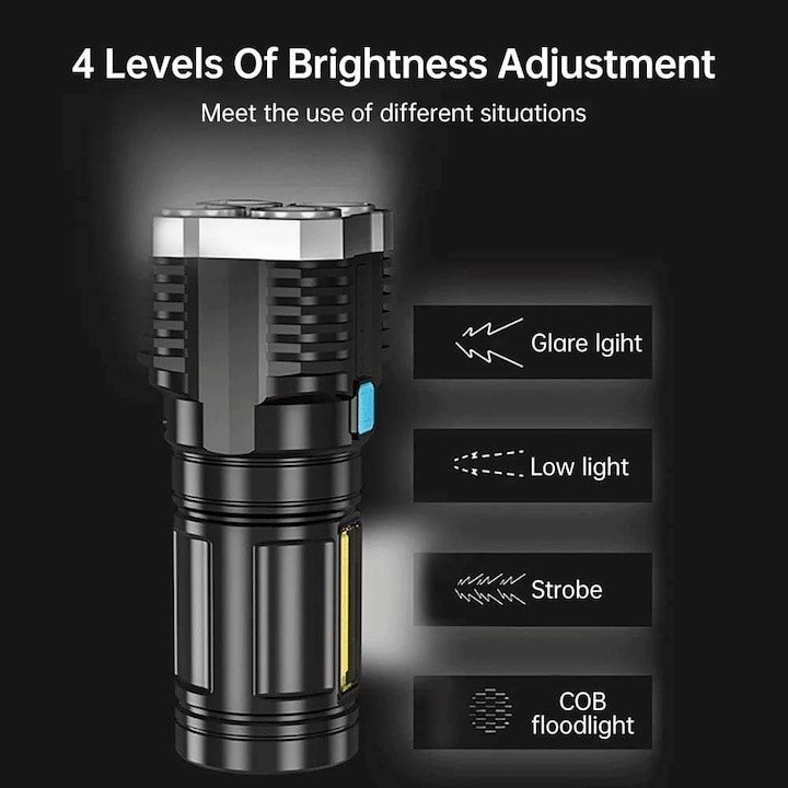 Lanterna portabila, 5 LED-uri, 4 moduri de iluminare, cablu Micro-USB inclus, ABS, baterie 1200 mAh, rezistenta la apa, negru [5]