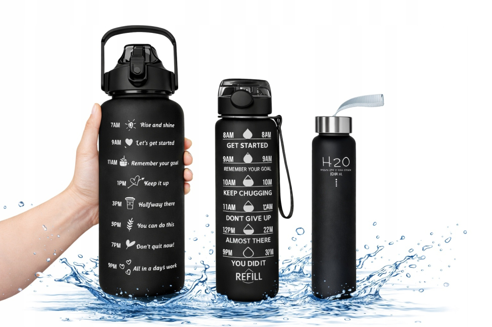Set 3 sticle de apa, mesaje motivationale, plastic, pai, 2000 ml, 900 ml, 300 ml, fara BPA, negru [9]
