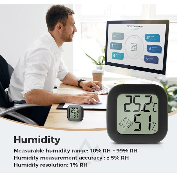 Termometru si higrometru digital, LCD, de camera, masurare -10°C + 70°C, plastic, 45 x 45 x 13 mm, negru [4]