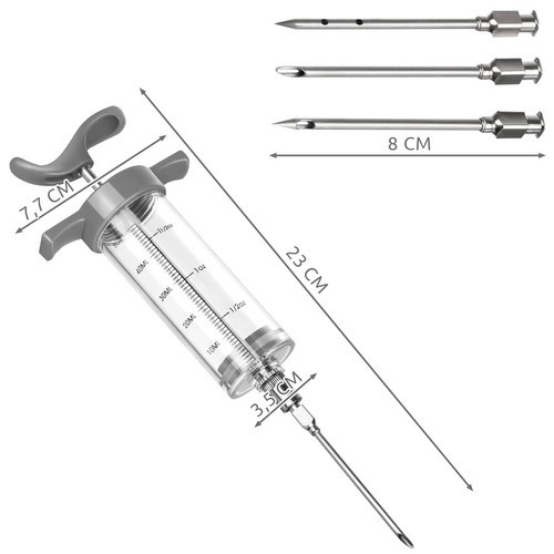 Seringa pentru injectare carne, 3 ace diferite, capacitate 50 ml, reutilizabila, gradata, plastic, otel inoxidabil, 7.7 x 23 x 3.5 cm, gri [14]