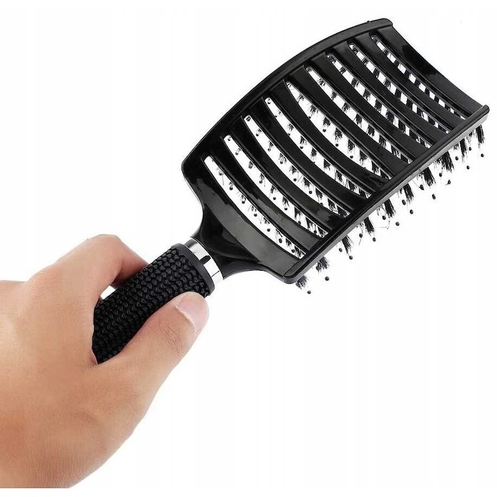 Perie de par, peri de mistret si nylon, curbata, design ergonomic, pentru descurcarea parului, negru, 24.5 x 6.5 cm [11]