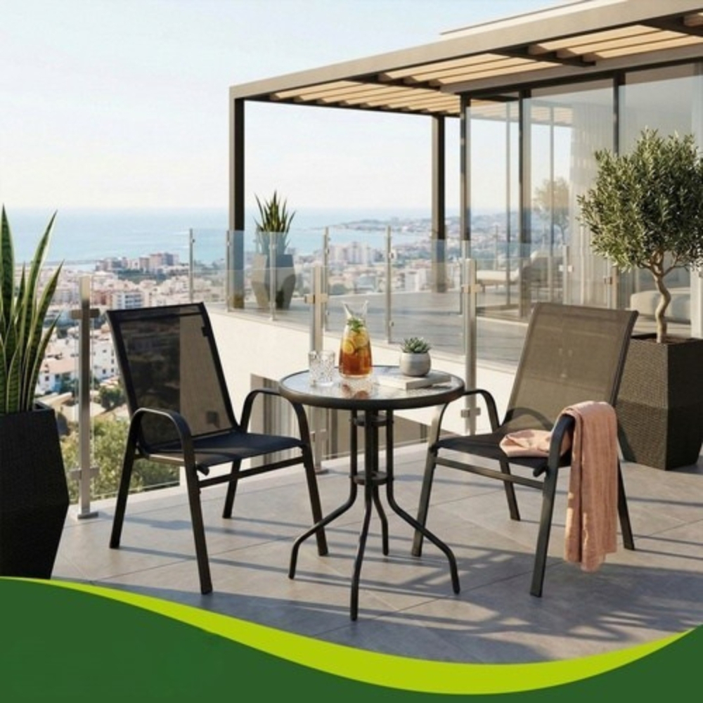Set mobilier gradina, masa rotunda si 2 scaune, metal/sticla, pentru balcon, terasa, exterior, negru [10]