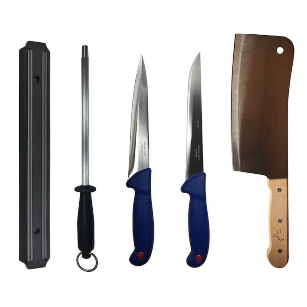 Set profesional de macelarie, injunghiat, filetat, feliat, 2 cutite, masat pentru ascutit, satar, suport magnetic