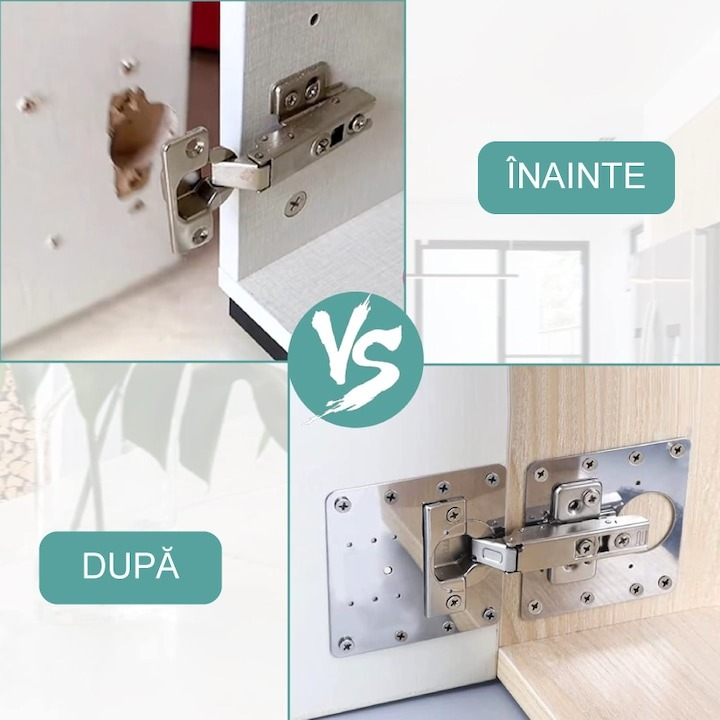 Set 4 placi pentru reparatii balamale, otel inoxidabil, suruburi incluse, 9 x 9 cm, argintiu [13]