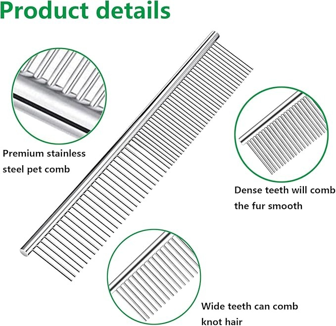 Pieptene pentru caini si pisici, ingrijirea blanii, otel inoxidabil, 2 tipuri de dinti, varfuri rotunjite, 16.5 x 3 cm, argintiu [7]