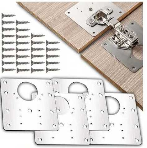 Set 4 placi pentru reparatii balamale, otel inoxidabil, suruburi incluse, 9 x 9 cm, argintiu [14]
