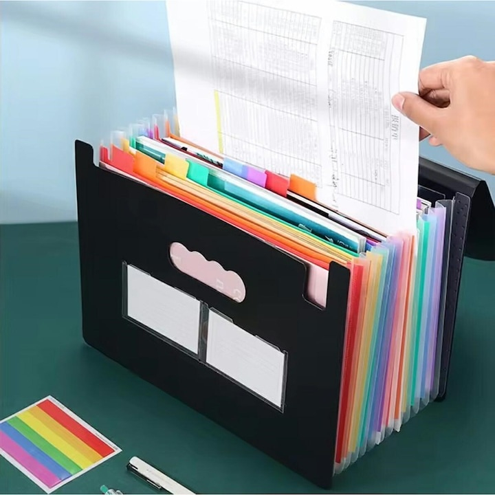 Mapa pentru documente A4 cu 25 compartimente, organizator portabil cu etichete multicolore, capacitate mare, polipropilena rezistenta, 24 x 33 x 3 cm, negru [3]