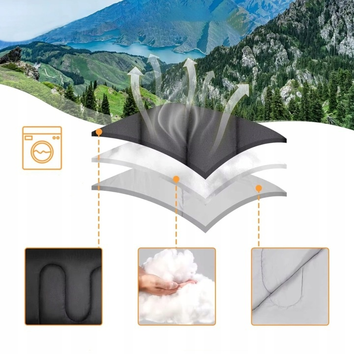 Sac de dormit pentru camping, drumetii, 2 in 1, impermeabil, poliester, 210 x 75 cm, negru, husa transport [8]