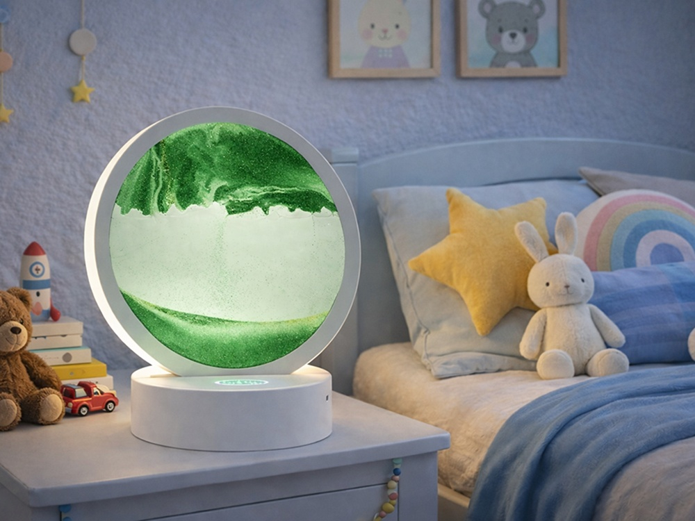 Lampa decorativa cu nisip in miscare, efect relaxant 3D, LED, verde, pentru living si dormitor, 19 x 10 cm [5]