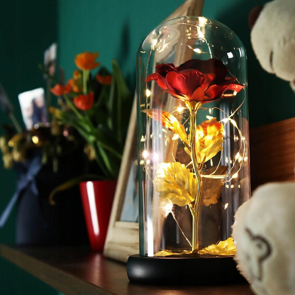 Trandafir etern in cupola de sticla, iluminare LED, rosu, 12 x 22 cm [7]