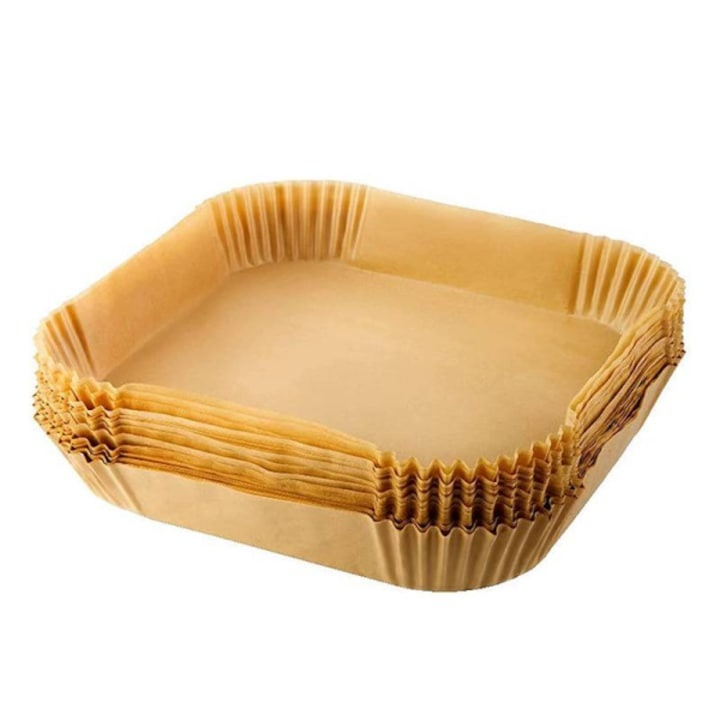 Set 100 hartii de copt pentru air fryer, cuptor, antiaderente, rezistenta pana la 220°C, patrate, 20 x 20 x 4.5 cm, maro [7]