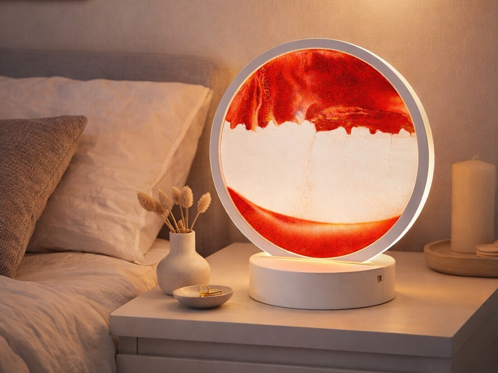 Lampa decorativa LED cu efect 3D nisip curgator, tip clepsidra, rosu, baza alba, USB sau baterii, decor relaxant pentru dormitor, living si birou [10]