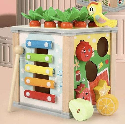 Cub educativ pentru copii, 6 in 1, diverse activitati, lemn, 16 x 15.5 x 15.5 cm, multicolor [8]